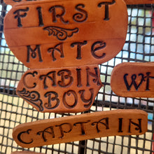 Load image into Gallery viewer, Pirate Pin - Captain Pin - Firstmate Pin - Leather Word Pin - Identification Pin - Steampunk Medieval Renaissance Fair Leather Badge