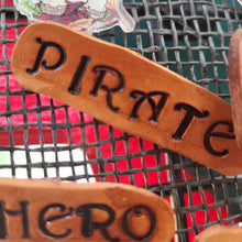 Load image into Gallery viewer, Pirate Pin - Captain Pin - Firstmate Pin - Leather Word Pin - Identification Pin - Steampunk Medieval Renaissance Fair Leather Badge