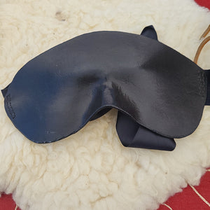 Black Leather Blindfold with Satin Ties - Molded Leather Kink Play Mask