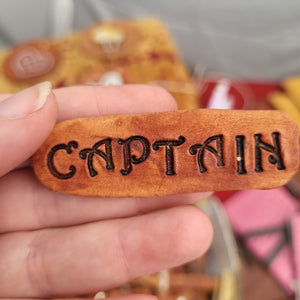 Pirate Pin - Captain Pin - Firstmate Pin - Leather Word Pin - Identification Pin - Steampunk Medieval Renaissance Fair Leather Badge