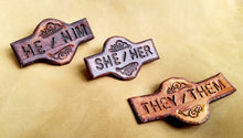 Load image into Gallery viewer, Pronoun Pin - Gender Pin - Leather Word Pin - Identification Pin - LGBTQ Medieval Renaissance Fair Leather Badge
